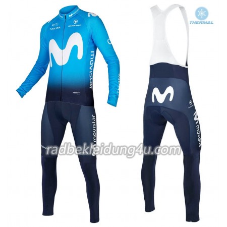 Set Langarmtrikot + Trägerhose Lange 2018 Movistar Team Winter Thermal Fleece N001